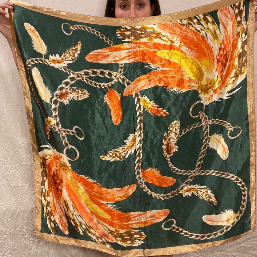 Elegant Green and Orange Feather Print Scarf